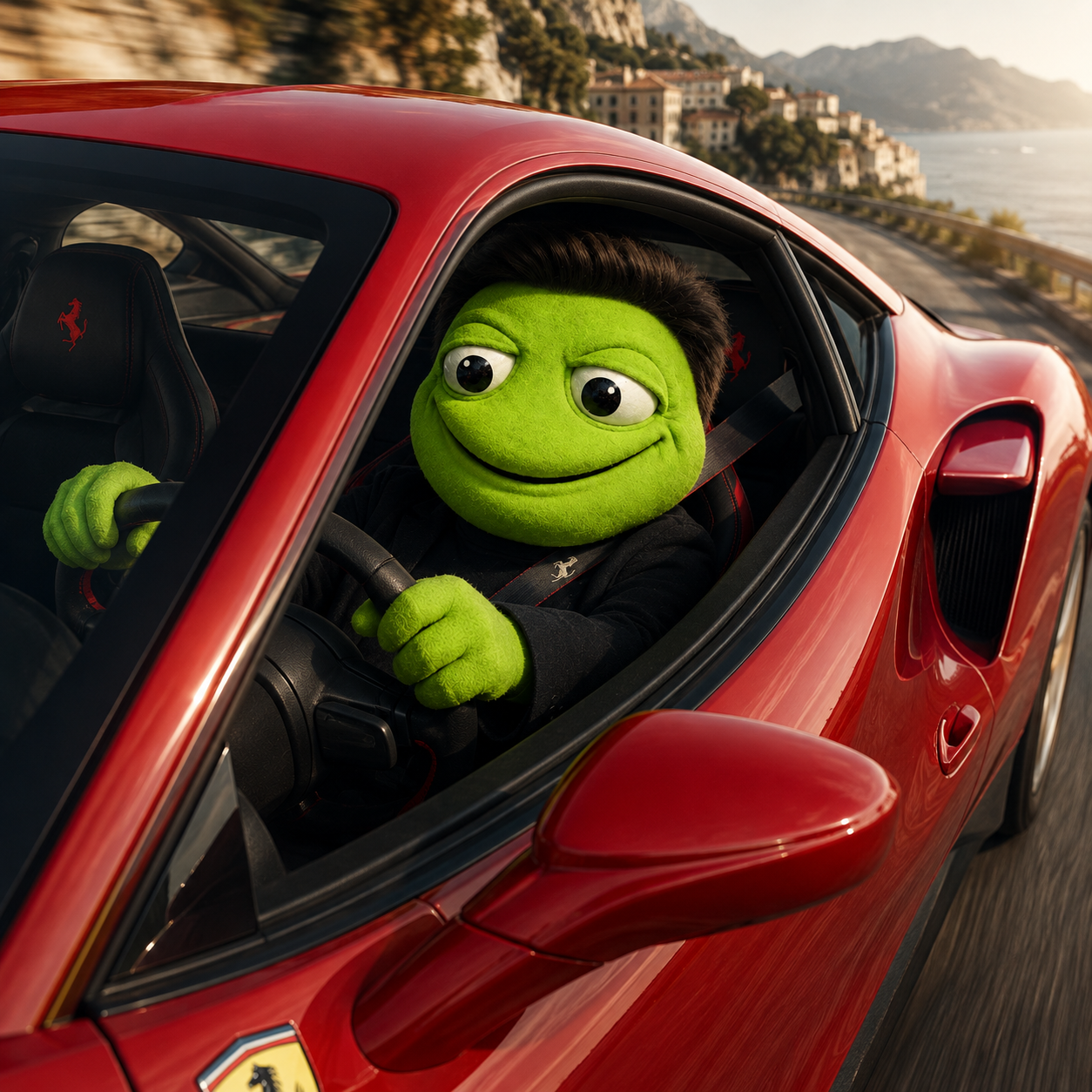 El Toad Musk speeding along a coastal road in a red Ferrari