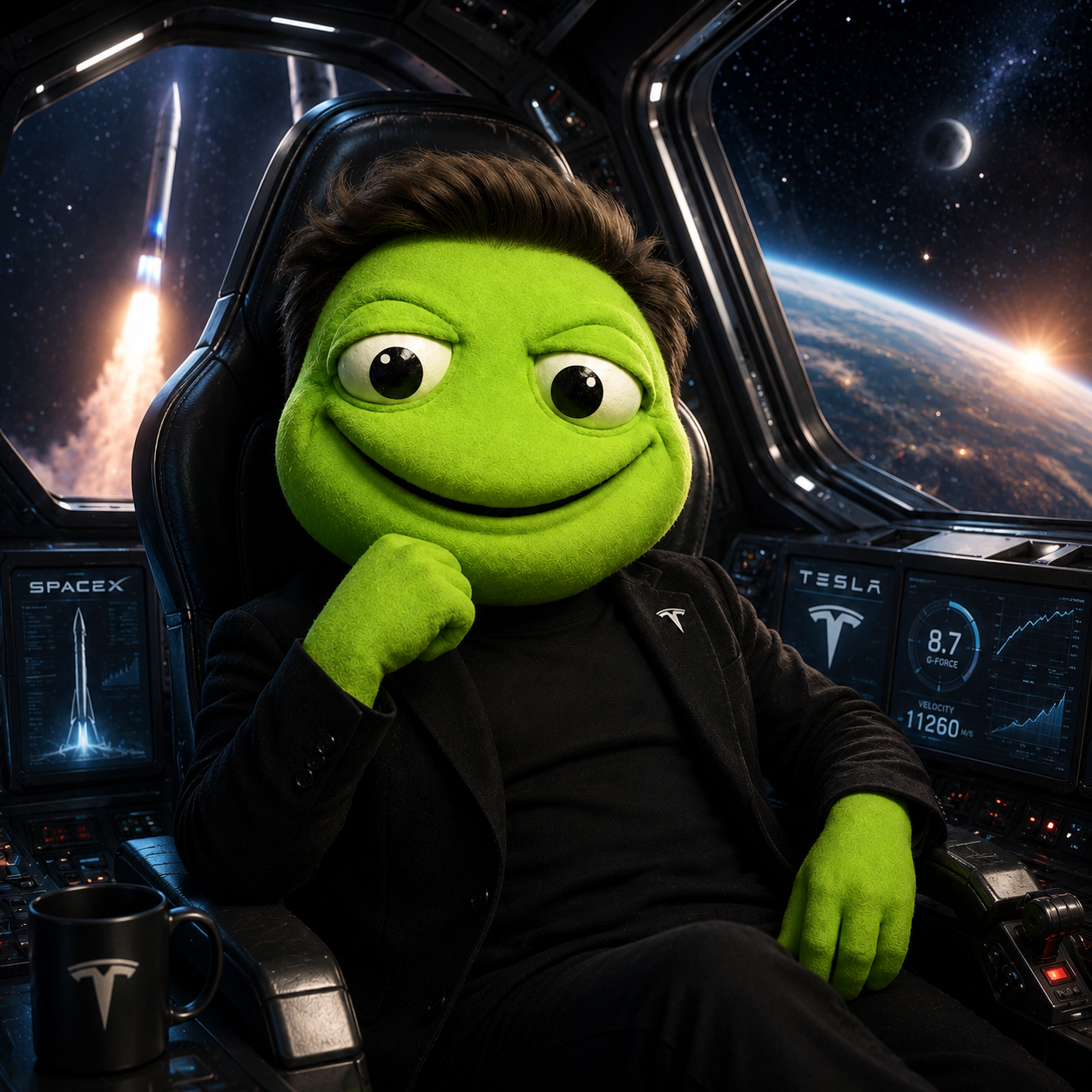 El Toad Musk piloting a spacecraft in orbit above Earth
